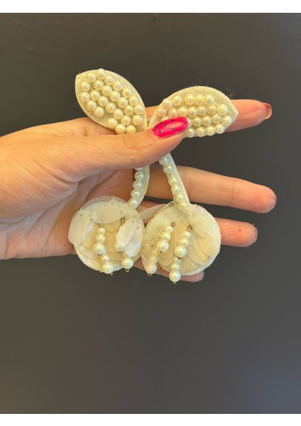 Inci Boncuklu Beyaz Kiraz Arma Dikiş Aplike 10X7 cm