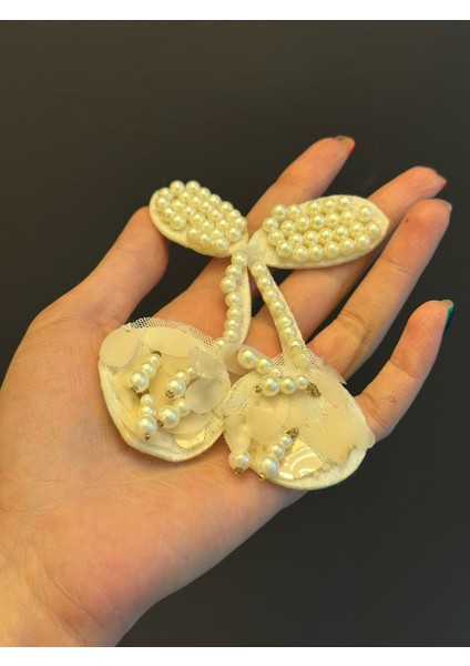 Inci Boncuklu Beyaz Kiraz Arma Dikiş Aplike 10X7 cm modelleri
