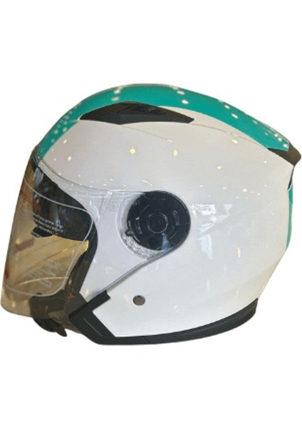 Yarım Açık Güneş Vizörlü Kask Parlak Yeşil Beyaz L Beden (59-60 Cm)