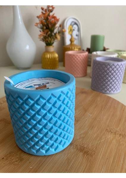 Dekoratif Okyanus Kokulu Mavi Taş Kap Mum – 300G Doğal Soya Wax, Ahşap Fitilli, El Yapımı ve Vegan modelleri