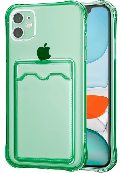 Apple iPhone 12 Mini Kılıf Darbe Emici Köşe Korumalı Kartlıklı Cüzdanlı Silikon Kapak - Yeşil