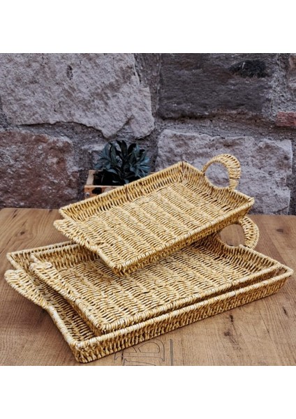 Homearths 3'lü Örme Dikdörtgen Rattan Tepsi Seti