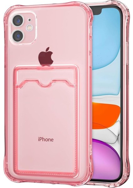 Apple iPhone 12 Mini Kılıf Darbe Emici Köşe Korumalı Kartlıklı Cüzdanlı Silikon Kapak - Pembe