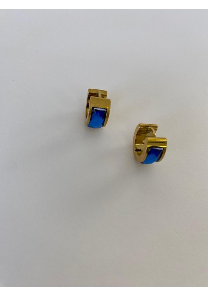 Çelik Halka Koyu Mavi Taşlı Gold Küpe modelleri