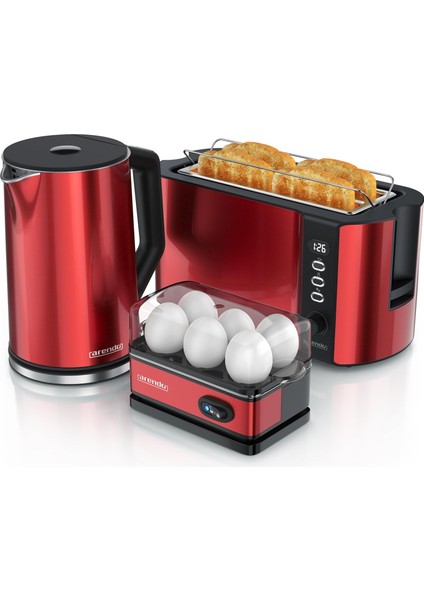 Su Isıtıcı, Tost Makinesi ve Yumurta Pişirici Seti, Paslanmaz Çelik, Kırmızı, 1.5 Litre