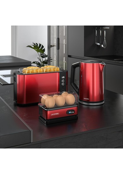 Su Isıtıcı, Tost Makinesi ve Yumurta Pişirici Seti, Paslanmaz Çelik, Kırmızı, 1.5 Litre