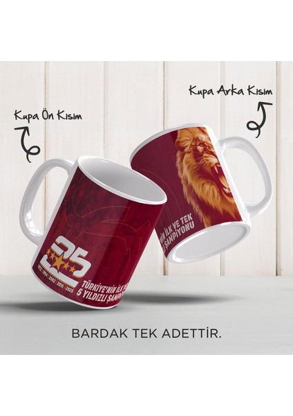 5 Yıldızlı Şampiyonluk Temalı Taraftar Kupa – Aslan Figürlü Tasarım, Porselen Kupa Bardak