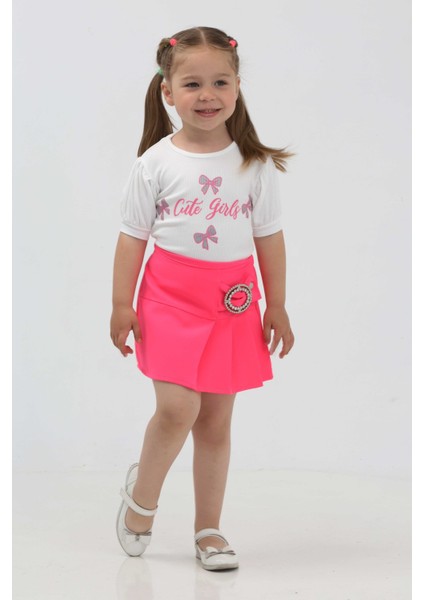 Kız Çocuk Kısa Kollu Taşlı Kemer Detaylı Fırfırlı Etektakım