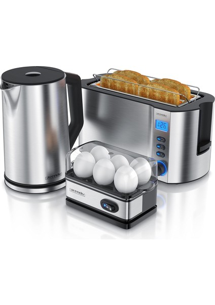 3’lü Kahvaltı Seti 1.5l Paslanmaz Çelik Kettle, 4 Dilim Tost Makinesi & 6’lı Yumurta Pişirici