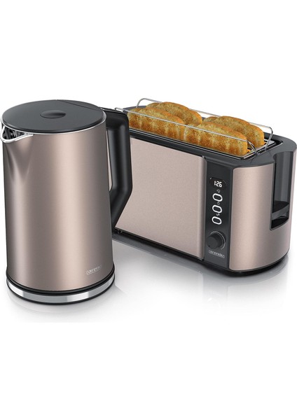 2’li Set Paslanmaz Çelik Kettle & 4 Dilimli Tost Makinesi LED Ekranlı, 6 Kademeli