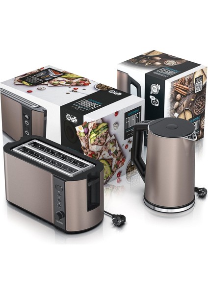 2’li Set Paslanmaz Çelik Kettle & 4 Dilimli Tost Makinesi LED Ekranlı, 6 Kademeli