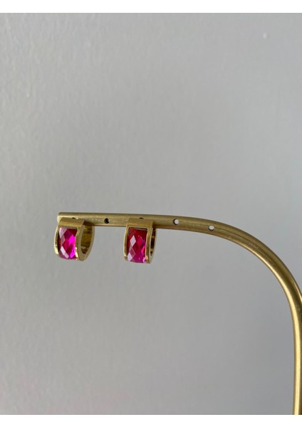 Çelik Halka Pembe Taşlı Gold Küpe