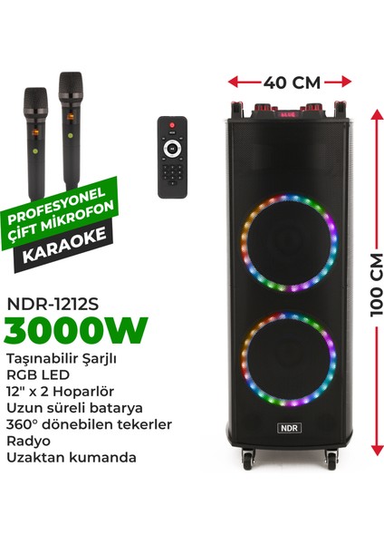 -1212S 3000W Taşınabilir Karaoke Hoparlör – Çift Mikrofonlu | Rgb LED Işıklı