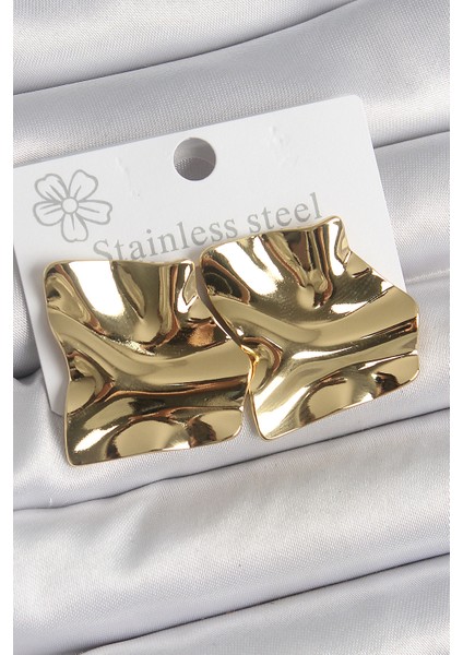 316 Çelik Gold Renk Dalgalı Plaka Kare Model Kadın Küpe