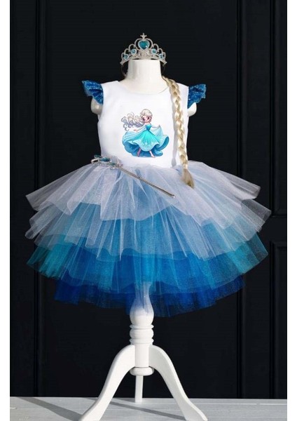 Prenses Elsa Dans Temalı Frozen Doğum Günü Elbisesi ve Parti Kostümü (Taç - Asa - Saç Hediyeli)