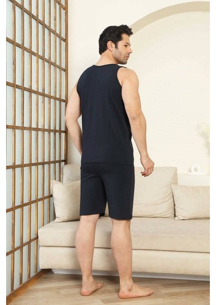 Erkek Bisiklet Yaka Düğmesiz %100 Pamuk Atlet Sporcu Kol Cepli Şortlu Pijama Takımı