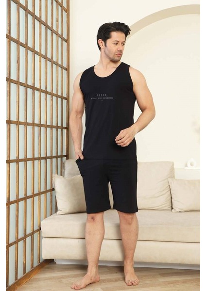 Erkek Bisiklet Yaka Düğmesiz %100 Pamuk Atlet Sporcu Kol Cepli Şortlu Pijama Takımı