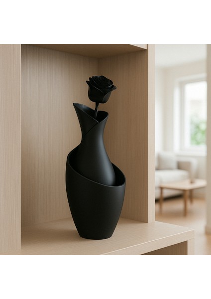 Siyah Modern Dekoratif Mat Kuru Çiçek Vazosu