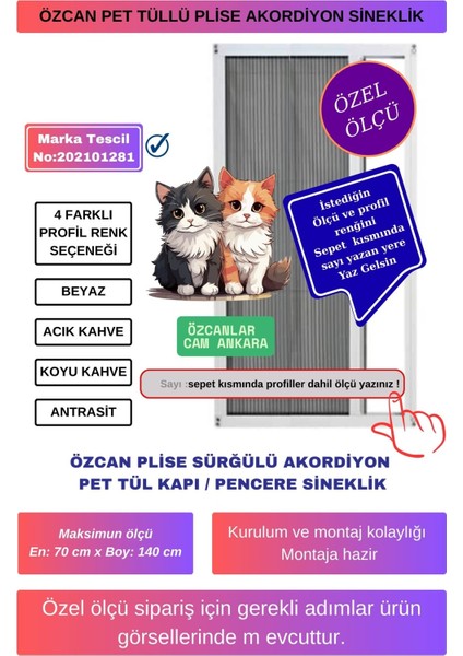 Kedi Sinekliği Pilise [En 70 xBoy 140 cm] Pileli Sürgülü Akordiyon kayar Plise Kedi pencere Sineklik