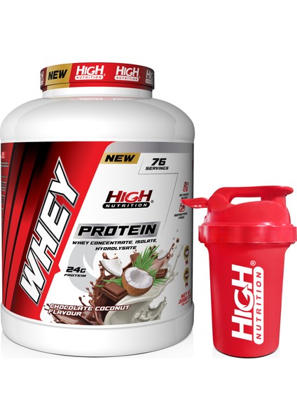 Whey Protein 2280 gr Çikolata Hindistan Cevizi Aromalı Protein Tozu 24 gr Protein 76 Servis Shaker Hediye