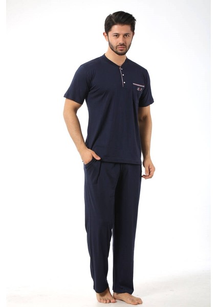 Erkek 3 Düğmeli Likralı Pamuk Kısa Kol Cepli Şortlu 3lü Pijama Takımı-3 Parça Kutulu Çeyizlik Set