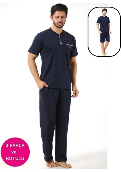 Erkek 3 Düğmeli Likralı Pamuk Kısa Kol Cepli Şortlu 3lü Pijama Takımı-3 Parça Kutulu Çeyizlik Set