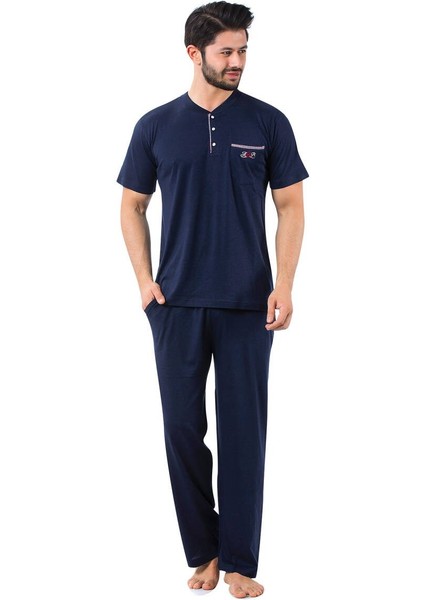Erkek 3 Düğmeli Likralı Pamuk Kısa Kol Cepli Şortlu 3lü Pijama Takımı-3 Parça Kutulu Çeyizlik Set