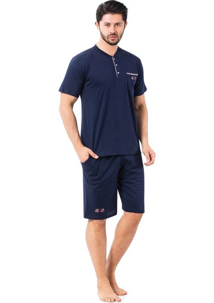 Erkek 3 Düğmeli Likralı Pamuk Kısa Kol Cepli Şortlu 3lü Pijama Takımı-3 Parça Kutulu Çeyizlik Set