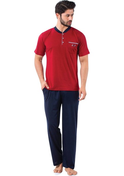 Erkek 3 Düğmeli Likralı Pamuk Kısa Kol Cepli Şortlu 3lü Pijama Takımı-3 Parça Kutulu Çeyizlik Set