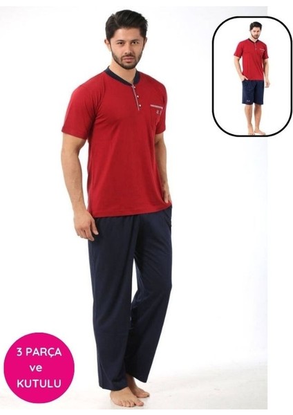 Erkek 3 Düğmeli Likralı Pamuk Kısa Kol Cepli Şortlu 3lü Pijama Takımı-3 Parça Kutulu Çeyizlik Set