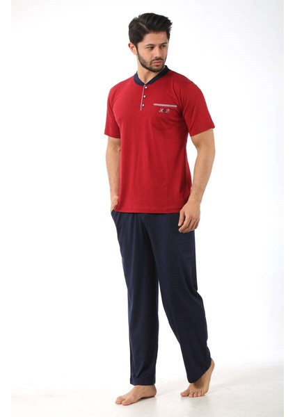 Erkek 3 Düğmeli Likralı Pamuk Kısa Kol Cepli Şortlu 3lü Pijama Takımı-3 Parça Kutulu Çeyizlik Set