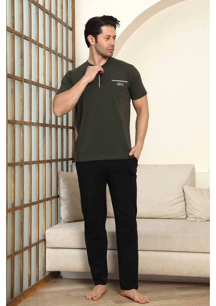 Erkek 3 Düğmeli Likralı Pamuk Kısa Kol Cepli Şortlu 3lü Pijama Takımı-3 Parça Kutulu Çeyizlik Set