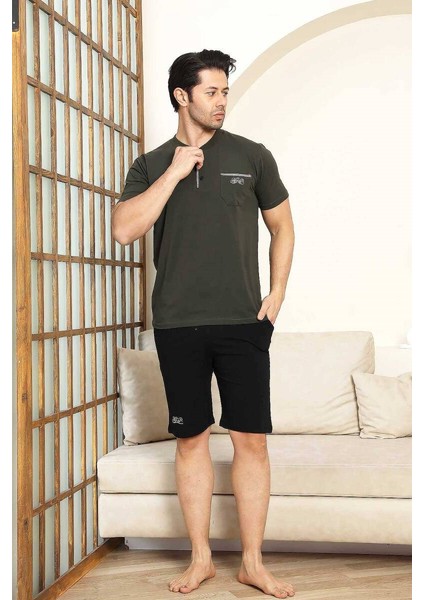 Erkek 3 Düğmeli Likralı Pamuk Kısa Kol Cepli Şortlu 3lü Pijama Takımı-3 Parça Kutulu Çeyizlik Set fırsatları