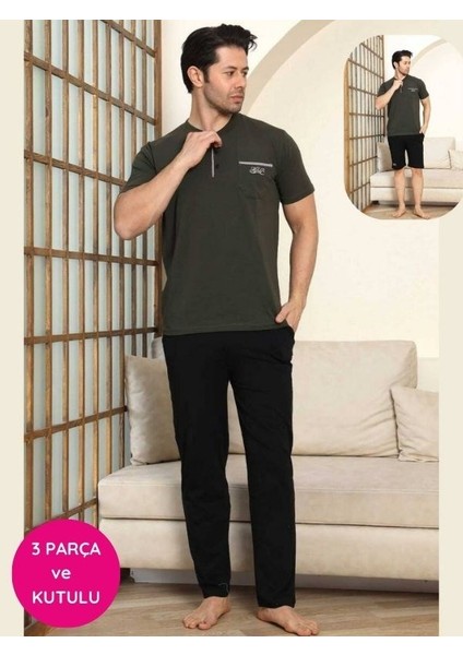Erkek 3 Düğmeli Likralı Pamuk Kısa Kol Cepli Şortlu 3lü Pijama Takımı-3 Parça Kutulu Çeyizlik Set fiyatları