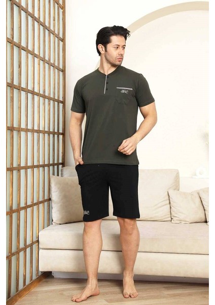 Erkek 3 Düğmeli Likralı Pamuk Kısa Kol Cepli Şortlu 3lü Pijama Takımı-3 Parça Kutulu Çeyizlik Set indirimleri