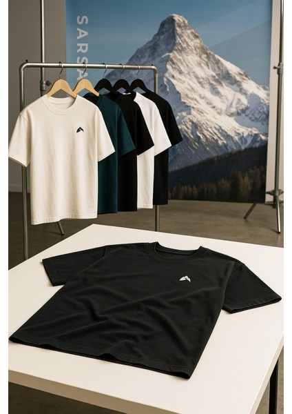 Loose Fit Siyah Spor Tişört Pamuklu Kalın Kumaş Nakış Logo Detaylı fırsatları