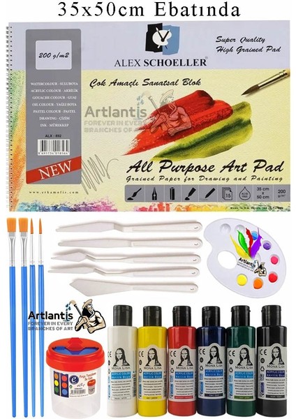 Alex Schoeller Çok Amaçlı Sanatsal Blok 35X50 200 gr 15 Yaprak Monalisa 70 ml Akrilik Boya 6 Renk Plastik Spatula Fırça