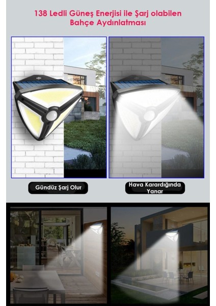 138 LED Hareket Sensörlü Solar Bahçe Lambası – Duvar Tipi Aydınlatma