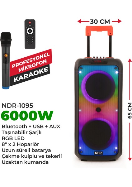 -1095 6000W Taşınabilir Rgb LED Karaoke Hoparlör – Mikrofonlu | Tekerlekli | Şarjlı