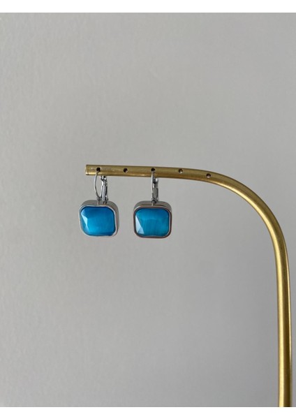 Çelik Kare Mavi Taşlı Silver Küpe