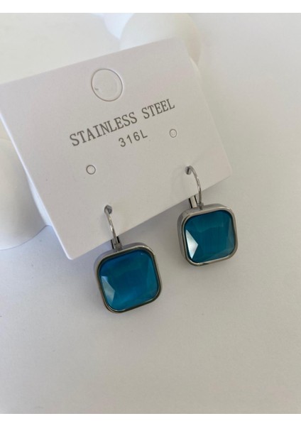 Çelik Kare Mavi Taşlı Silver Küpe modelleri