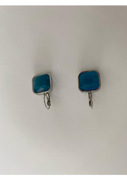 Çelik Kare Mavi Taşlı Silver Küpe fırsatları