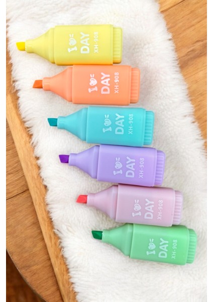 Fosforlu Kalem Mini Set 6'lı Canlı Renkler Kilitli Poşetli