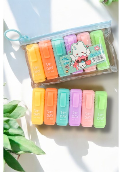 Fosforlu Kalem Mini Set 6'lı Canlı Renkler Kilitli Poşetli