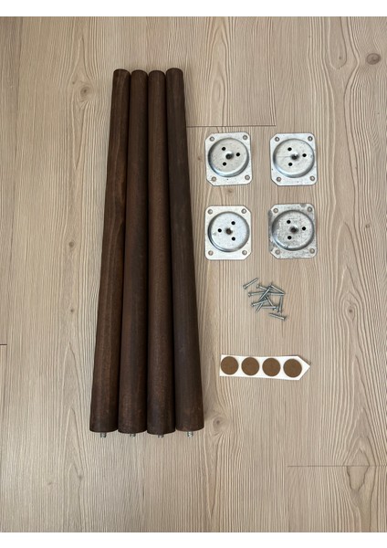 60 cm Koyu Meşe Ahşap Konik Ayak – 4'lü Set | Masa, Sandalye, Sehpa Ayağı | Metal Bağlantı Aparatları ve Vidalar Dahil