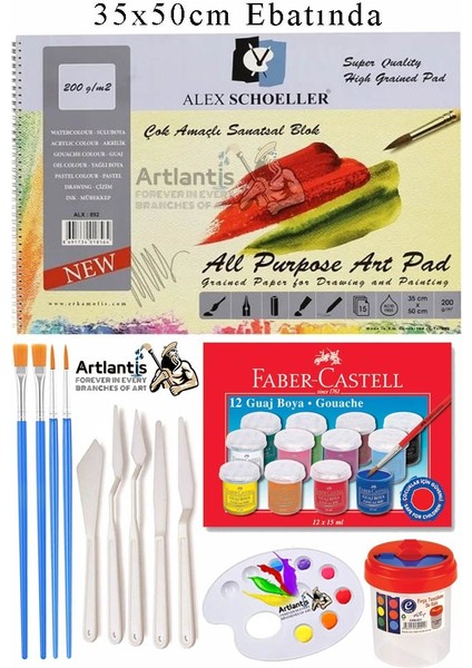 Alex Schoeller Çok Amaçlı Sanatsal Blok 35X50 200 gr 15 Yaprak Faber 12 Renk 20 ml Guaj Boya Plastik Spatula Fırça
