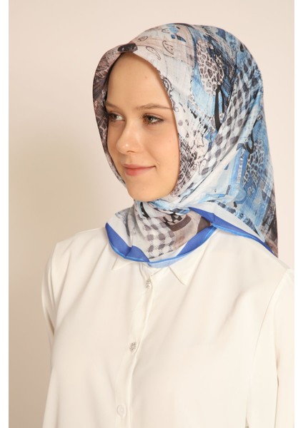 Soft Mavi-Kahve Modern Desenli Eşarp – Ekose Desen Kombini