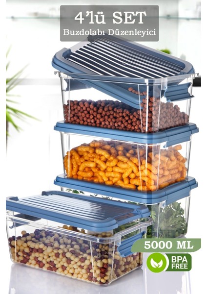 4'lü 5 Lt Kilit Kapaklı Erzak Saklama Kabı - Çok Amaçlı Düzenleyici Kutu Gıda Bakliyat Kabı Mavi