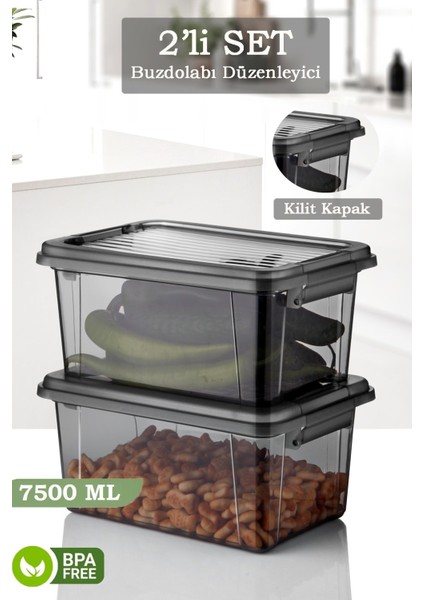 2'li 7,5 Lt Kilit Kapaklı Erzak Saklama Kabı Çok Amaçlı Düzenleyici Kutu Gıda Bakliyat Kabı Antrasit