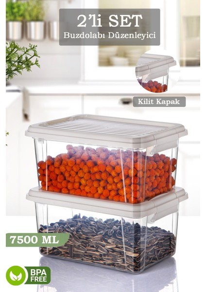 2'li 7,5 Lt Kilit Kapaklı Erzak Saklama Kabı - Çok Amaçlı Düzenleyici Kutu Gıda Bakliyat Kabı Beyaz